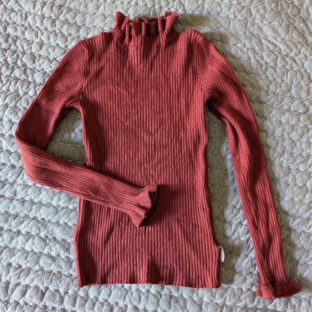 Girls Ruffle-Neck Ribbed Long Sleeve Top - Rust Orange - Like New - Size 8